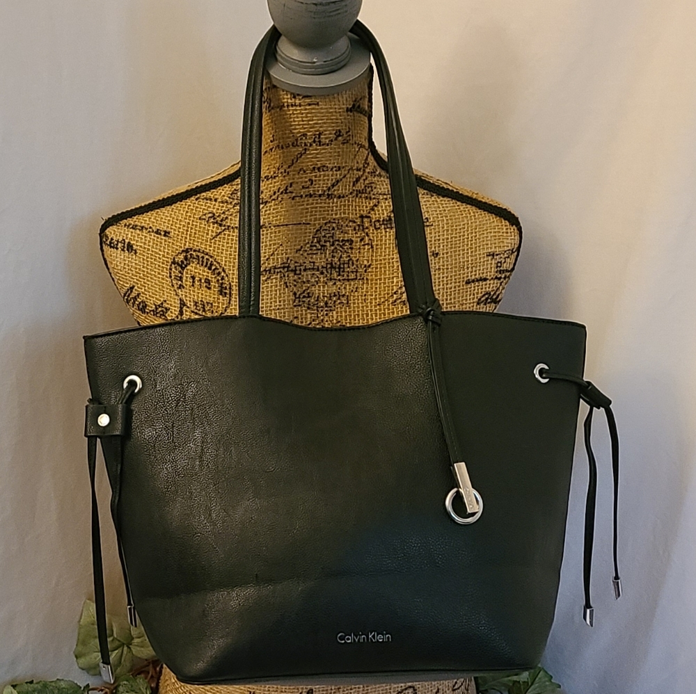 Calvin Klein Faux Leather Tote in Black and Taupe